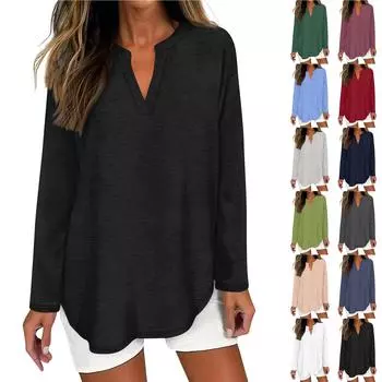 Женская футболка однотонная с длинным рукавом повседневная модная базовая футболка с V-образным вырезом и изогнутым подолом L чёрный