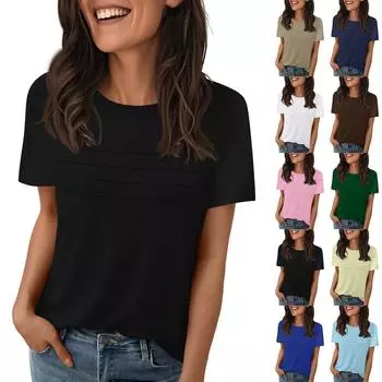 Женская футболка однотонная с коротким рукавом реглан плиссированная спереди одежда рубашки с круглым вырезом топы XXL чёрный