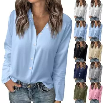 Женская футболка, однотонная женская рубашка на пуговицах с длинным рукавом, блузка, повседневные топы XXXL