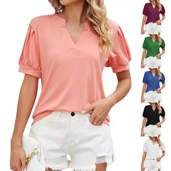Женская футболка, однотонные блузки с короткими рукавами, плиссированные мягкие туники с V-образным вырезом L чёрный