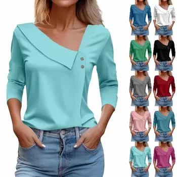 Женская футболка, однотонный пуловер с рукавами 3/4 и V-образным вырезом и пуговицами