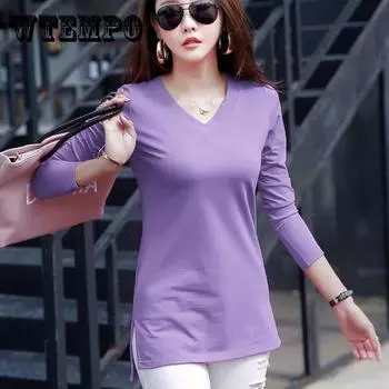Женская футболка, однотонный топ с длинными рукавами, женские тонкие футболки, осенне-весенние модные топы, футболка, женский пуловер с v-образным вырезом XXXL белый