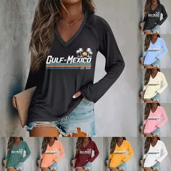 Женская футболка Of Mexico с длинным рукавом и V-образным вырезом в стиле ретро L бежевый