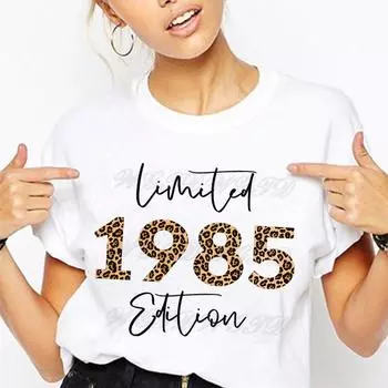 Женская футболка ограниченного выпуска 1985 года с леопардовым принтом, подарок на день рождения, топ, рубашка на 40-летие для женщин, винтажная одежда 1980–1989 годов 4XL белый