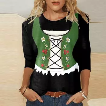 Женская футболка Oktoberfest, топы с рукавом три четверти, круглый вырез, немецкая футболка с принтом и принтом, свободная блузка S