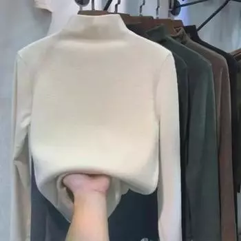 Женская футболка осень/зима 2024 из бархата с полувысоким воротником и длинными рукавами: Универсальный топ для студентов XL темно-серого