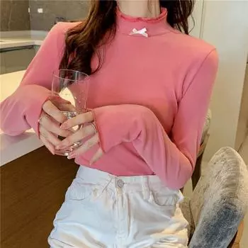 Женская футболка осень-зима Simples Slim Bow Solid Color с высоким воротом и длинным рукавом Женская повседневная универсальная нижняя рубашка Топы S серый