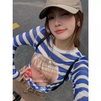 Женская футболка, осенняя футболка с длинным рукавом и мультяшным графическим принтом, одежда y2k, осенний тонкий облегающий топ, футболка в стиле Харадзюку с круглым вырезом One Size