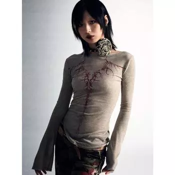 Женская футболка, осенняя футболка с длинными рукавами и готическим графическим принтом, одежда y2k, топ в стиле Харадзюку, облегающая тонкая обтягивающая футболка One Size