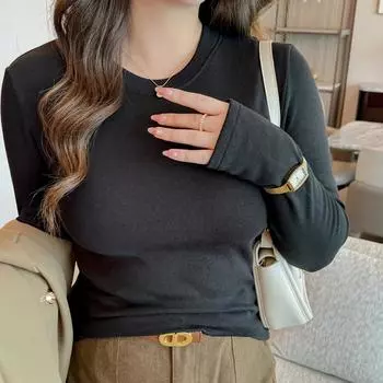 Женская футболка осенняя уличная повседневная футболка с круглым вырезом однотонная футболка больших размеров сексуальная облегающая женская одежда с длинным рукавом S белый