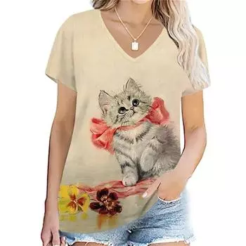 Женская футболка Pet Cat с 3D принтом животных, уличная одежда, топы Y2k, летние топы с короткими рукавами, сексуальный v-образный вырез, модная уличная одежда Harajuku, женская повседневная одежда M