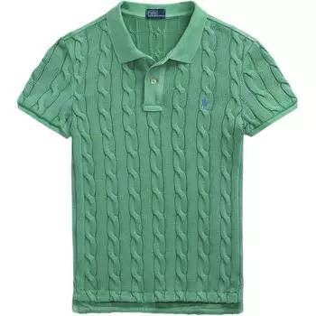 Женская футболка-поло Polo Ralph Lauren однотонная приталенная из кабельной вязки с коротким рукавом, цвет средне-зеленый WMPOKNINB920241-310 S