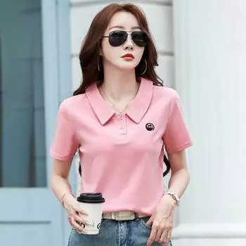 Женская футболка-поло с вышитым французским милым воротником, розовая верхняя часть на плече, персиковый вышитый дизайн, летние футболки, футболки M зелёный