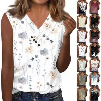 Женская футболка, повседневная футболка без рукавов с v-образным вырезом, топ на пуговицах с принтом L