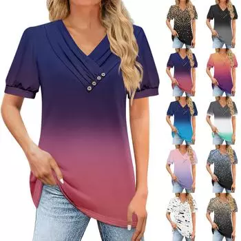 Женская футболка, повседневная футболка с v-образным вырезом и короткими рукавами, топ на пуговицах с принтом L чёрный