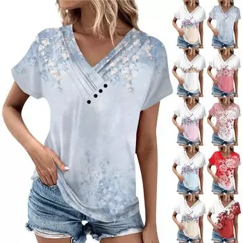 Женская футболка, повседневная футболка с v-образным вырезом и короткими рукавами, топ на пуговицах с принтом L бежевый