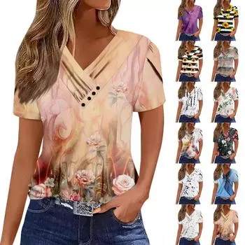 Женская футболка, повседневная футболка с v-образным вырезом и короткими рукавами, топ на пуговицах с принтом XXL