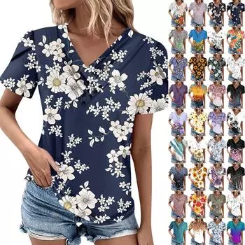 Женская футболка, повседневная футболка с v-образным вырезом и короткими рукавами, однотонный топ на пуговицах M белый