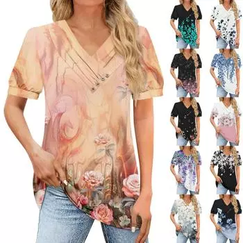 Женская футболка, повседневная футболка с v-образным вырезом и короткими рукавами, топ на пуговицах с принтом L чёрный