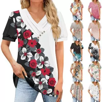 Женская футболка, повседневная футболка с v-образным вырезом и короткими рукавами, топ на пуговицах с принтом L синий