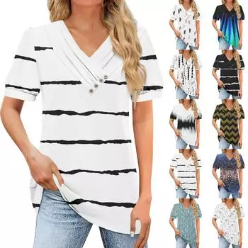 Женская футболка, повседневная футболка с v-образным вырезом и короткими рукавами, топ на пуговицах с принтом L чёрный