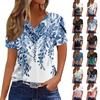 Женская футболка, повседневная футболка с v-образным вырезом и короткими рукавами, топ на пуговицах с принтом XL чёрный