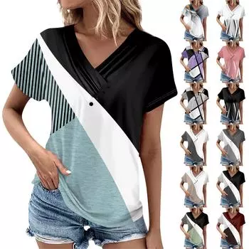 Женская футболка, повседневная футболка с v-образным вырезом и короткими рукавами, топ на пуговицах с принтом M серый