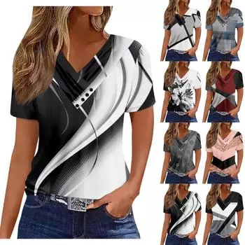 Женская футболка, повседневная футболка с v-образным вырезом и короткими рукавами, топ на пуговицах с принтом M