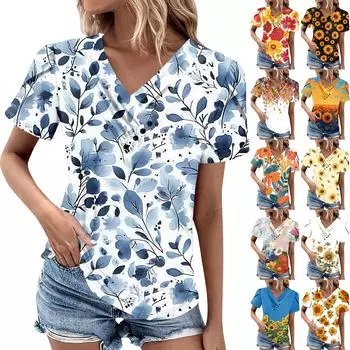 Женская футболка, повседневная футболка с v-образным вырезом и короткими рукавами, однотонный топ на пуговицах S оранжевый