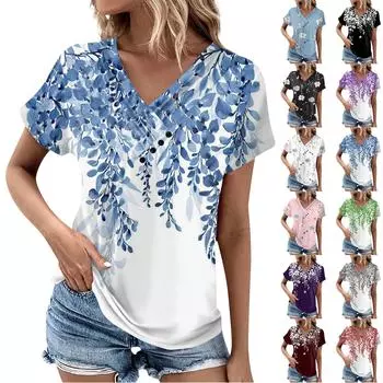 Женская футболка, повседневная футболка с v-образным вырезом и короткими рукавами, топ на пуговицах с принтом XL зелёный