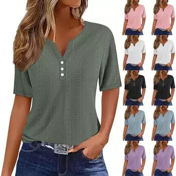 Женская футболка, повседневная футболка с v-образным вырезом и короткими рукавами, однотонный топ на пуговицах L