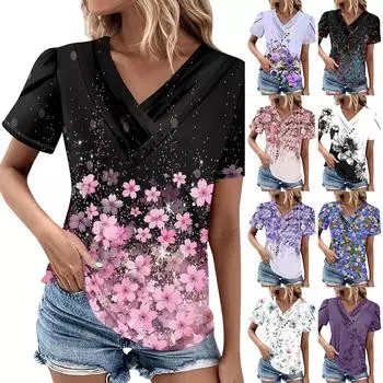 Женская футболка, повседневная футболка с v-образным вырезом и короткими рукавами, однотонный топ на пуговицах L белый