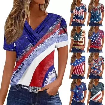 Женская футболка, повседневная футболка с v-образным вырезом и короткими рукавами, топ на пуговицах с принтом M