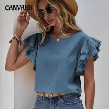 Женская футболка, повседневная летняя свободная рубашка с круглым вырезом, рубашка с рюшами и летучей мышью, топы с короткими рукавами