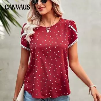 Женская футболка, повседневная летняя свободная рубашка с круглым вырезом, кружевной топ с коротким рукавом в горошек S бежевый