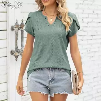 Женская футболка, повседневная мода, сексуальный свободный топ с v-образным вырезом и коротким рукавом S