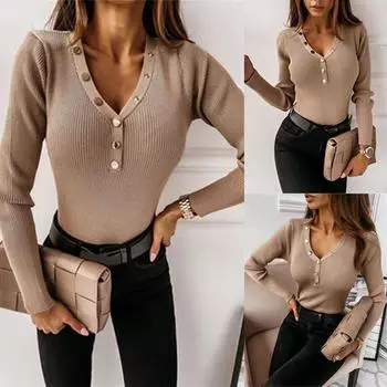 Женская футболка, повседневная однотонная пуловер с длинными рукавами, женская футболка из полиэстера, осень/зима, футболка с v-образным вырезом на пуговицах