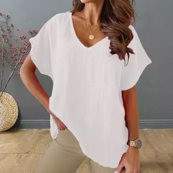 Женская футболка, повседневная однотонная свободная футболка с коротким рукавом и v-образным вырезом, повседневная одежда, пуловер 2XL хаки
