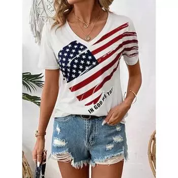Женская футболка повседневная с американским флагом и Днем независимости с коротким рукавом, обычные топы с V-образным вырезом, повседневная белая летняя S