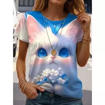 Женская футболка повседневная с цветочным принтом и принтом кота, стандартные топы с коротким рукавом и круглым вырезом, стандартный крой, повседневная синяя летняя S