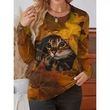 Женская футболка повседневная с длинным рукавом коричневого цвета весна-осень S