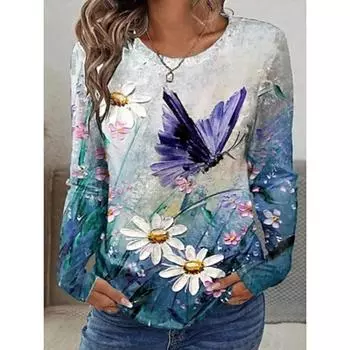 Женская футболка повседневная с длинным рукавом синяя весна осень S