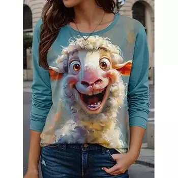 Женская футболка повседневная с изображением животных, обычные топы с длинным рукавом и круглым вырезом, обычный крой, повседневная, синяя, весна-осень S