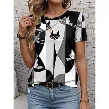 Женская футболка повседневная с принтом кота Ombre с коротким рукавом, обычные топы с круглым вырезом, повседневная черная летняя M