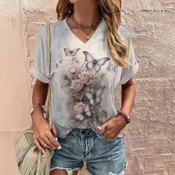 Женская футболка повседневная с принтом животных и бабочек 3D Футболка повседневная Harajuku Fashion с коротким рукавом и V-образным вырезом свободная одежда S