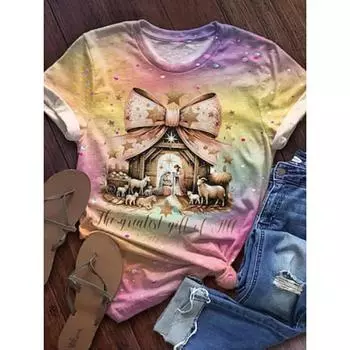 Женская футболка повседневная с рисунком, обычные топы с коротким рукавом, круглым вырезом, с принтом, стандартный крой, повседневная, розовая, летняя S