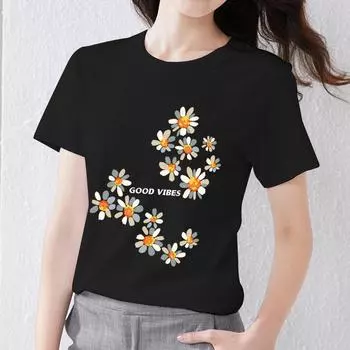 Женская футболка, повседневная, тонкая, с круглым вырезом, черная, базовая, мягкая, классическая, с рисунком ромашки, дышащая, удобная, молодежная, женская, топ XXXL