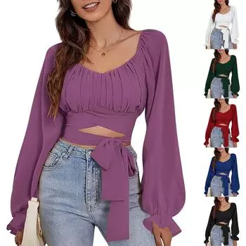 Женская футболка Повседневные выходные Белая струящаяся туника с длинным рукавом Мода с v-образным вырезом Обычный крой Весна и осень XS белый