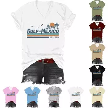 Женская футболка, повседневный свободный пуловер с v-образным вырезом и короткими рукавами с принтом M