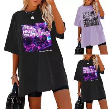 Женская футболка, повседневный свободный рождественский пуловер с круглым вырезом и коротким рукавом с принтом L фиолетовый